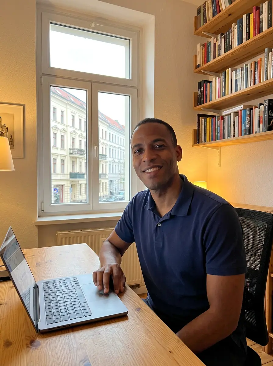 Tunde at his desk in Berlin